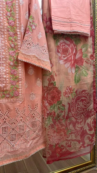 Pakistani Original Adan’s Libas Luxury Lawn Stitched 3 Pcs _ Peach 